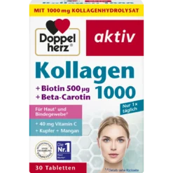 Doppelherz Collagen 1000 with Biotin and Beta-Carotene, 30 tablets, product packaging