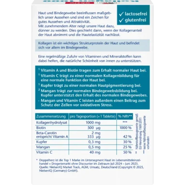 Back of Doppelherz Collagen 1000 + Biotin + Beta-Carotene packaging showing ingredients and nutrition information