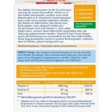 Doppelherz Vitamin C 1000 + Zinc + D3 Direct, 20 Sachets Doppelherz Vitamin C 1000 + D3 + Zinc Depot ingredients and dosage instructions
