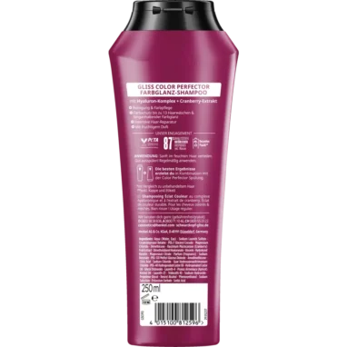 Schwarzkopf Gliss Colour Perfector Shampoo back label with ingredients & instructions