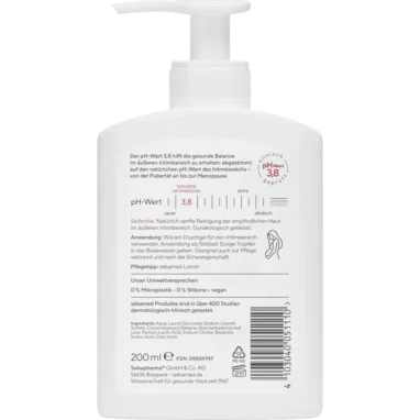 Sebamed Intimate Wash Gel back label showing ingredients and usage