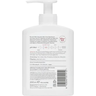 Back label of Sebamed Liquid Face & Body Wash showing ingredients and usage