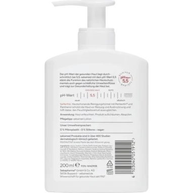 Sebamed Liquid Face & Body Wash, 200 ml Back label of Sebamed Liquid Face & Body Wash showing ingredients and usage