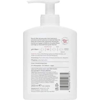 Back label of Sebamed Olive Face & Body Wash showing ingredients and usage