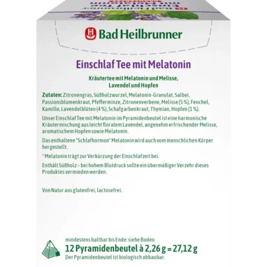 Bad Heilbrunner Sleep Tea with Melatonin, 12 Pyramid Bags - Backside