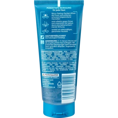 Balea Men Hydro Peeling, 100 ml Balea MEN Hydro 3-in-1 Peeling Gel back label with ingredients and instructions