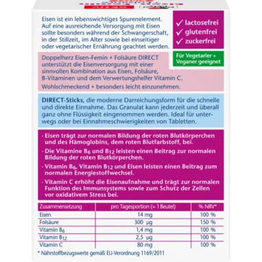 Doppelherz activ Iron-Femin DIRECT ingredients and dosage label