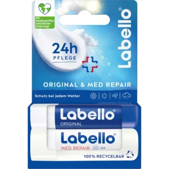 Labello Original & Med Repair lip balm set packaging with all-weather protection, 24h moisture and SPF 15
