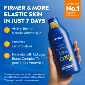 NIVEA Q10 Firming Body Milk 400 ml with firming and 72-hour moisture benefits