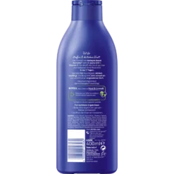 Back of NIVEA Q10 Firming Body Milk bottle showing detailed ingredients, 10-day firming claim, and application guide.