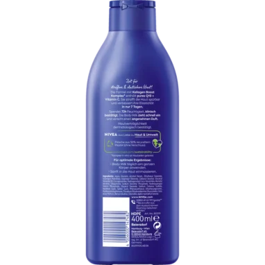 Nivea Q10 Firming Rich Body Milk, 400ml Back of NIVEA Q10 Firming Body Milk bottle showing detailed ingredients, 10-day firming claim, and application guide.