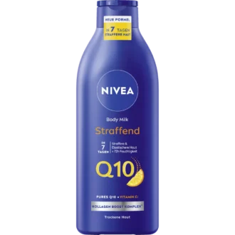Front view of the NIVEA Q10 Firming Body Milk 400ml bottle with Vitamin C and Coenzyme Q10 for dry skin.