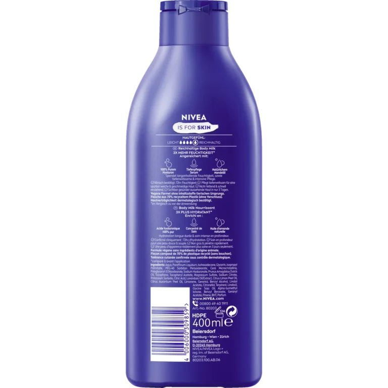 Nivea Rich Nourishing Body Milk, 400ml Back of NIVEA Rich Nourishing Body Milk 400 ml showing ingredients and product information