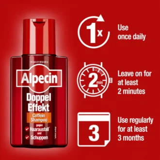 Alpecin Double Effect Shampoo application guide with daily use and recommended 3-month treatment period