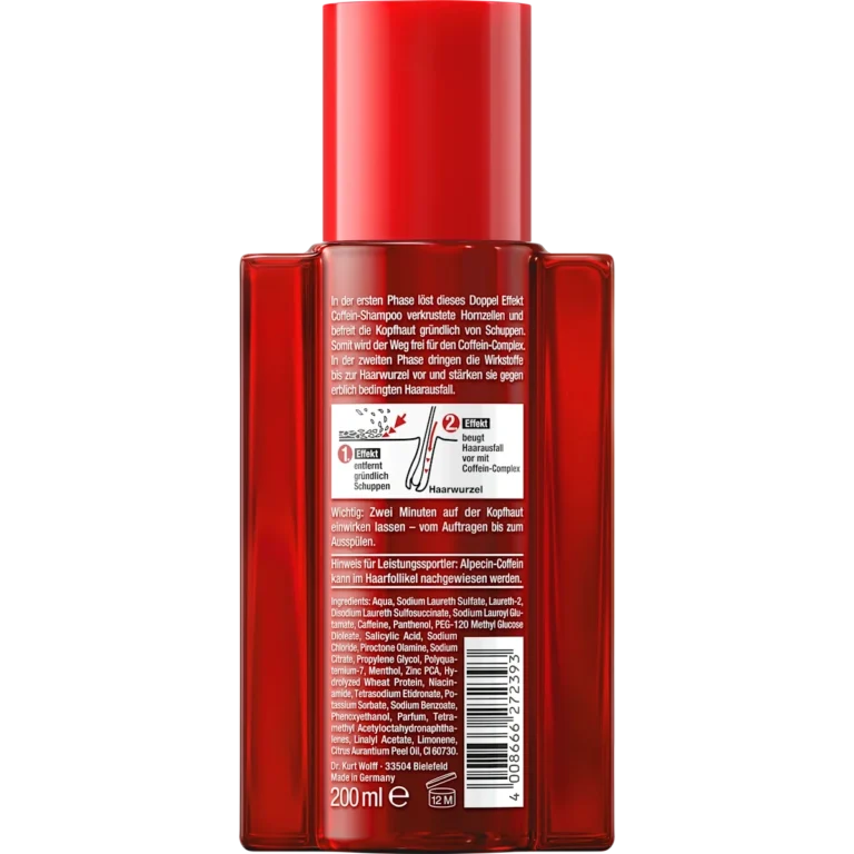 Alpecin Double-Effect Shampoo, 200ml Back view of Alpecin Double Effect Caffeine Shampoo showing directions, ingredients and dual-action formula