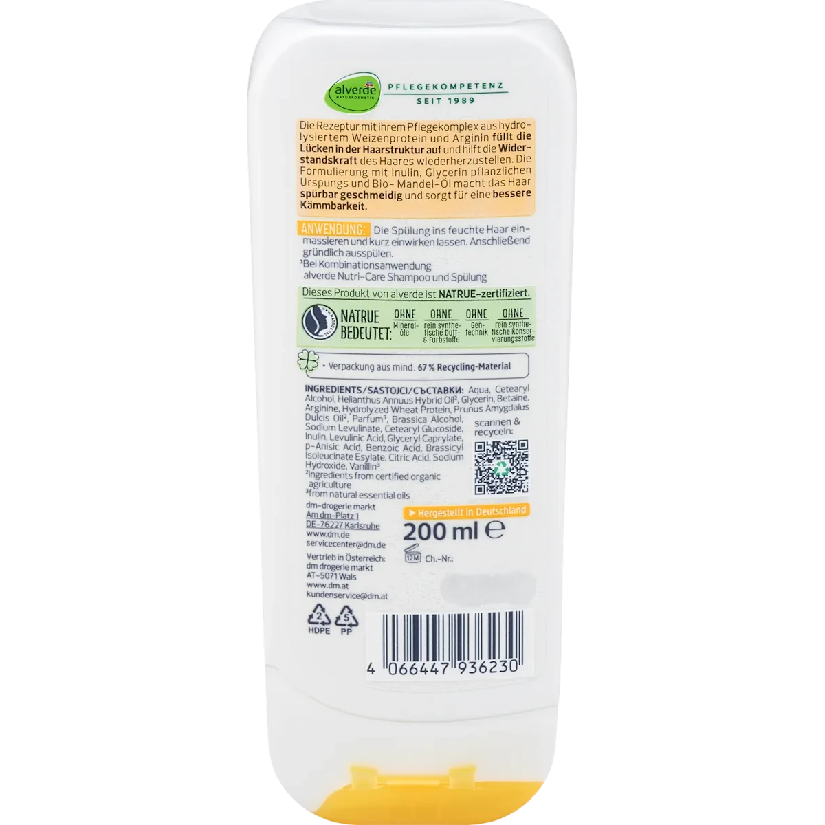 Alverde Conditioner Nutri Care, 200 ml alverde Nutri Care Conditioner ingredients and usage back label