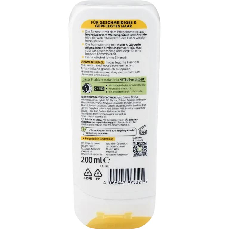 Back of alverde Nutri Care Conditioner 200 ml with ingredients and usage information