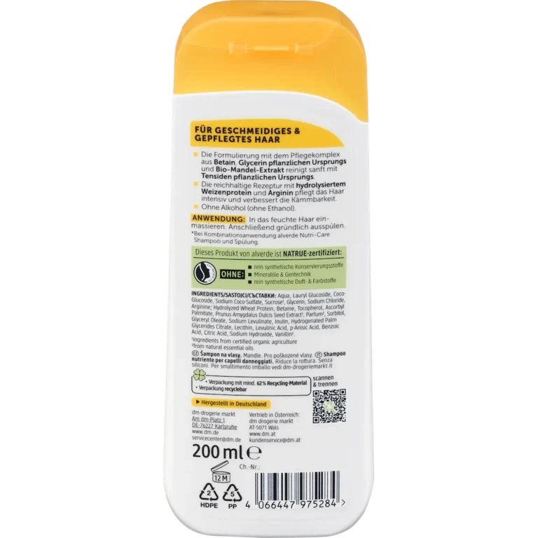 Back of alverde Nutri Care Shampoo 200 ml with ingredients and usage