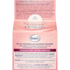 Side view of Balea Beauty Collagen Day Cream SPF 15 packaging showing ingredients and benefits
