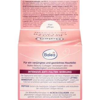 Side view of Balea Beauty Collagen Day Cream SPF 15 packaging showing ingredients and benefits