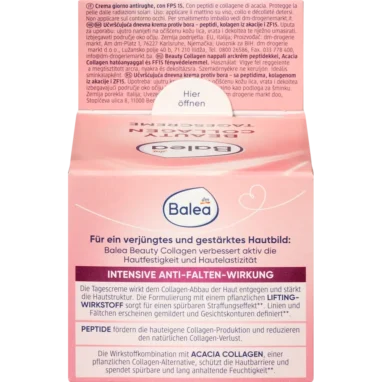 Balea Beauty Collagen Day Cream SPF 15, 50ml Side view of Balea Beauty Collagen Day Cream SPF 15 packaging showing ingredients and benefits