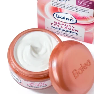 Close-up of open jar showing the rich white texture of Balea Beauty Collagen Day Cream SPF 15