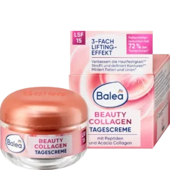 Balea Beauty Collagen Day Cream SPF 15 packaging and jar with plant-based collagen booster