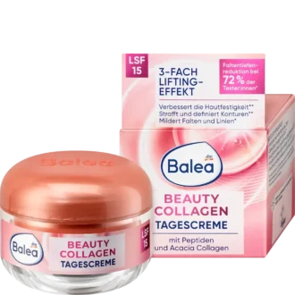Balea Beauty Collagen Day Cream SPF 15 packaging and jar with plant-based collagen booster
