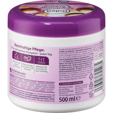 Balea Body Cream Shea Butter, 500ml Ingredient list of Balea Body Cream showing Argan Oil and Shea Butter