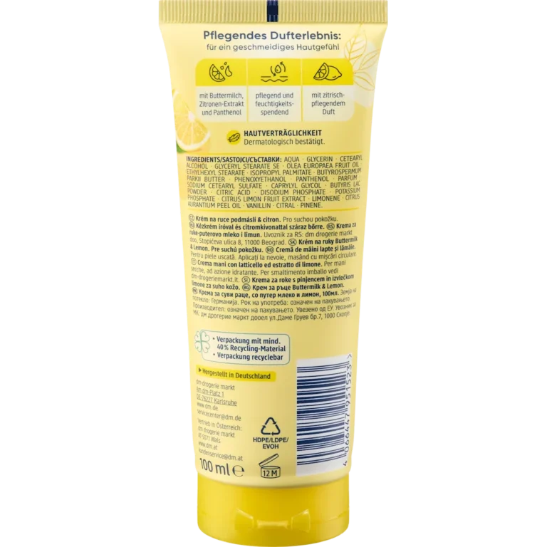 Back of Balea Buttermilk & Lemon Hand Cream 100 ml showing ingredients and product information