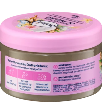 Back of Balea Dead Sea Salt & Almond Oil Body Scrub 300 ml with ingredients and directions