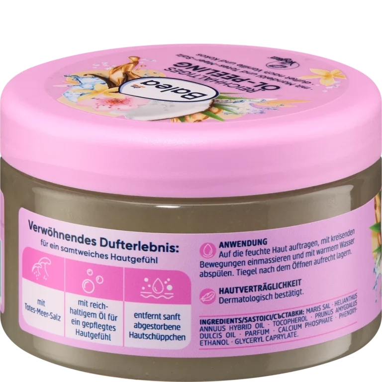 Back of Balea Dead Sea Salt & Almond Oil Body Scrub 300 ml with ingredients and directions