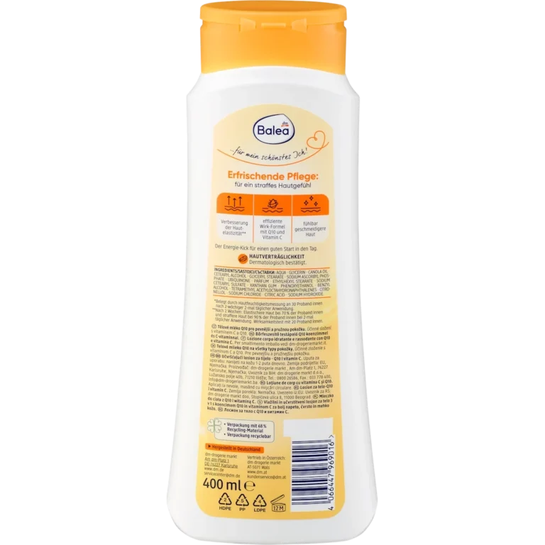 Back of Balea Energy Q10 Firming Body Lotion 400 ml showing ingredients and product information