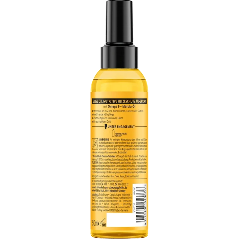 Gliss heat protection spray packaging and ingredients