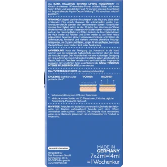 Back of ISANA Hyaluron Intense Lifting Ampoules 7 x 2 ml showing ingredients and product information