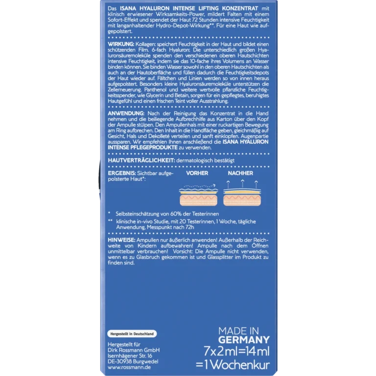 Back of ISANA Hyaluron Intense Lifting Ampoules 7 x 2 ml showing ingredients and product information