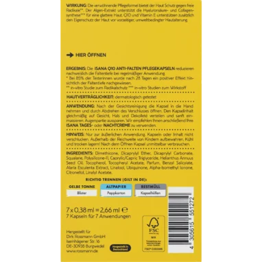 Back of ISANA Q10 Anti-Wrinkle Care Capsules packaging showing ingredients and application instructions