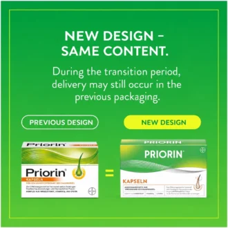 Priorin 270 capsules old and new packaging design comparison