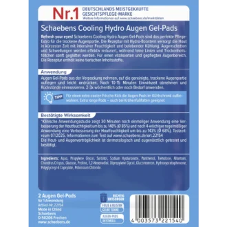 Back of Schaebens Cooling Hydro Eye Gel Pads showing ingredients and product information