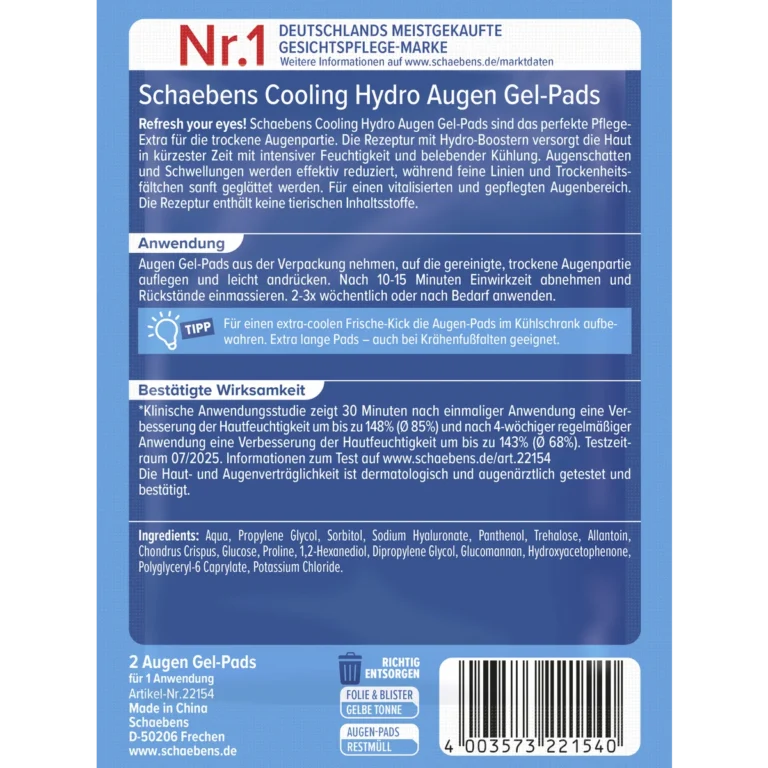 Schaebens Cooling Hydro Eye Gel Pads, 1 Pair Back of Schaebens Cooling Hydro Eye Gel Pads showing ingredients and product information