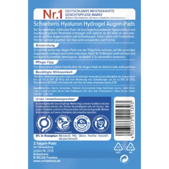 Schaebens Eye Pads Hyaluron Hydrogel, 2pc Ingredient list showing Hyaluron and Panthenol