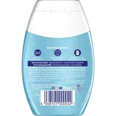 Ingredients and directions on Theramed 2-in-1 Original-Fresh tube back