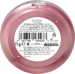 Back side of alverde Blurring Powder showing ingredients and certification label.