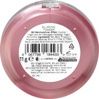 Back side of alverde Blurring Powder showing ingredients and certification label.
