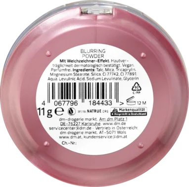 Back side of alverde Blurring Powder showing ingredients and certification label.