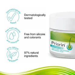 Priorin Hair Mask with dermatologically tested formula, silicone-free and colorant-free composition, and 97% natural ingredients