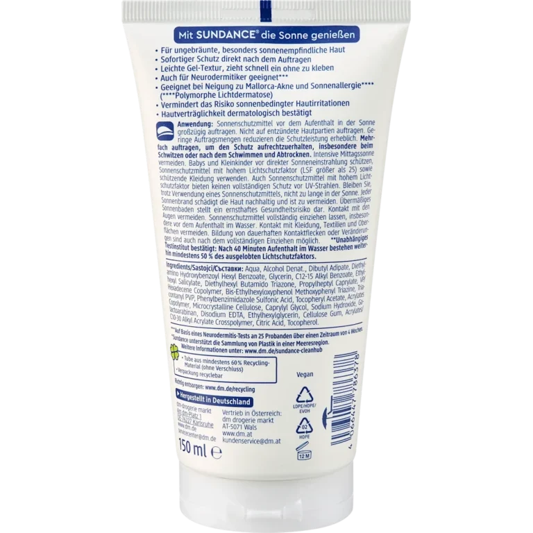 Sundance MED ultra sensitiv Sun Cream Gel, SPF 50+, 150 ml Back view of Sundance MED Ultra Sensitive Sun Cream Gel SPF 50+