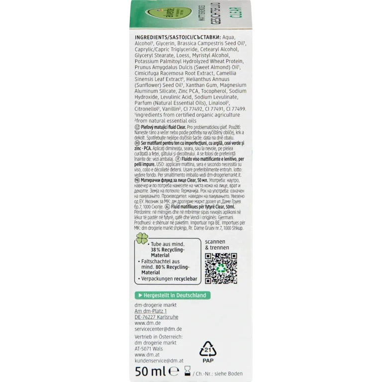 alverde Clear Face Fluid back packaging ingredients and details