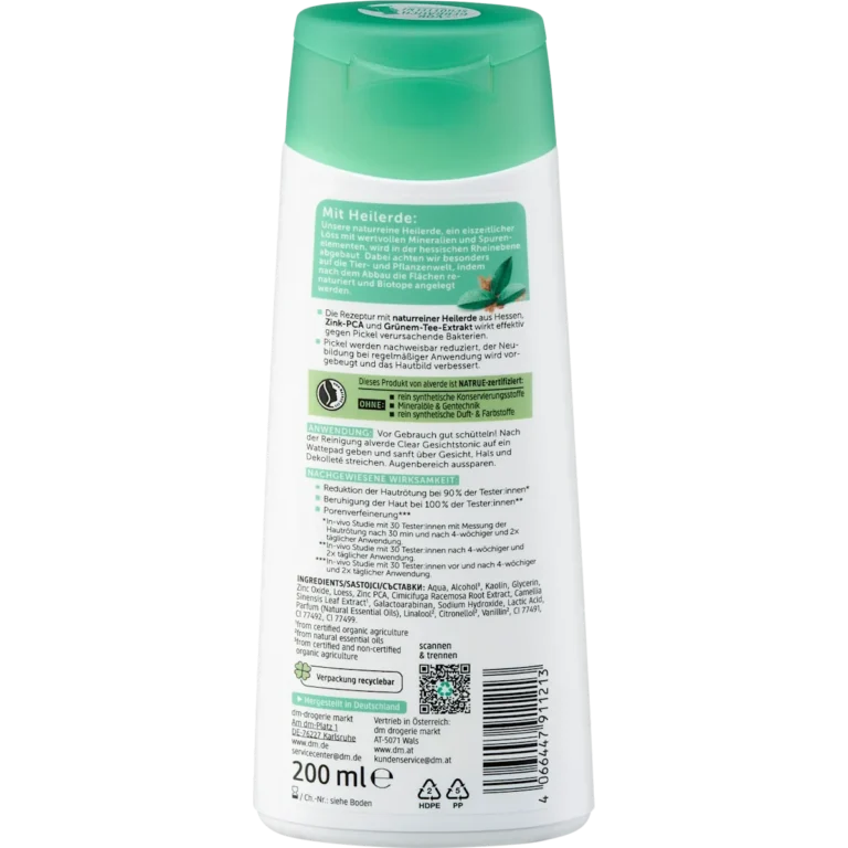 Alverde Clear Clarifying Facial Tonic, 200ml alverde Clear Facial Tonic back packaging ingredients and details