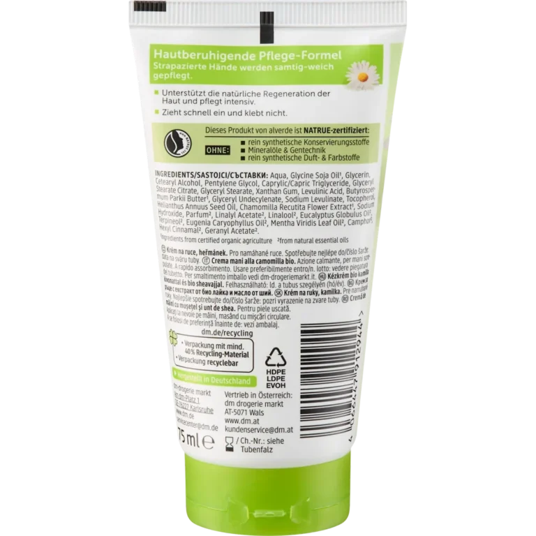 alverde Hand Cream Chamomile and Shea Butter back packaging ingredients and details